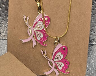 Breast Cancer Ribbon Butterfly in Flight Earring (1) / Gold Studs and Necklace with matching charm