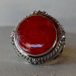 Anello in argento rosso Corallo sacro Geometria merkaba Fiore della vita Ohm Gioielli Design Argento Stile Sole Fatto a mano da Bali