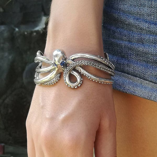 Octopus Bracelet Bangle Sterling Silver Eyes of Any Color Includes Branded Packaging Silver Sun Style Jewelry Design Handmade From Bali
