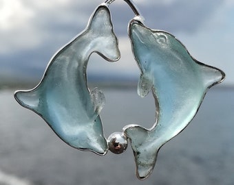 Blue Glass Dolphins Carving Pendant Sterling Silver Black Nylon