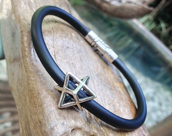Pulsera Sterling Silver Star Merkaba Geometría Sagrada Negro Caucho Plata Sol Estilo Brazalete Diseño de Joyería Cualquier Tamaño Hecho a Mano Desde Bali