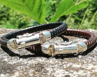 Pulsera cuero Sterling Silver lock Negro y marrón Color incluye embalaje de marca Silver Sun Style Joyería Diseño hecho a mano desde Bali