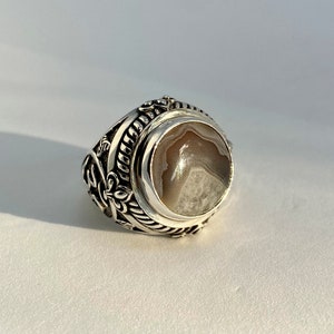 Anello in argento sterling Agata Botswana Pietra Geometria sacra Merkaba Fiore della vita Ohm Gioielli Design Argento Stile Sole Fatto a mano da Bali