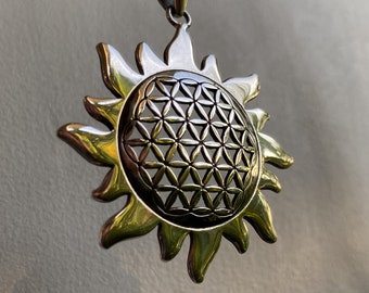 Sterling Silver Pendant Flower of life Sacred Geometry Silver Sun Style Necklace Black Cord Any length Jewelry Design Handmade From Bali