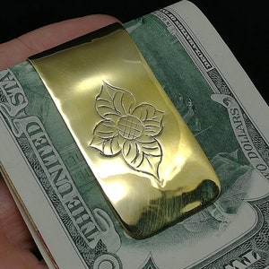 ONLY ONE Money Clip Unikat Blume Schnitzerei Gelb Messing Schmuck Silber Sonnen stil handgefertigt aus Bali