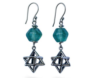 Old Style Sterling Silver Merkaba Star Ancient Green Glass Beads Earrings Sacred Geometry Silver Sun Style Handmade Jewelry From Bali