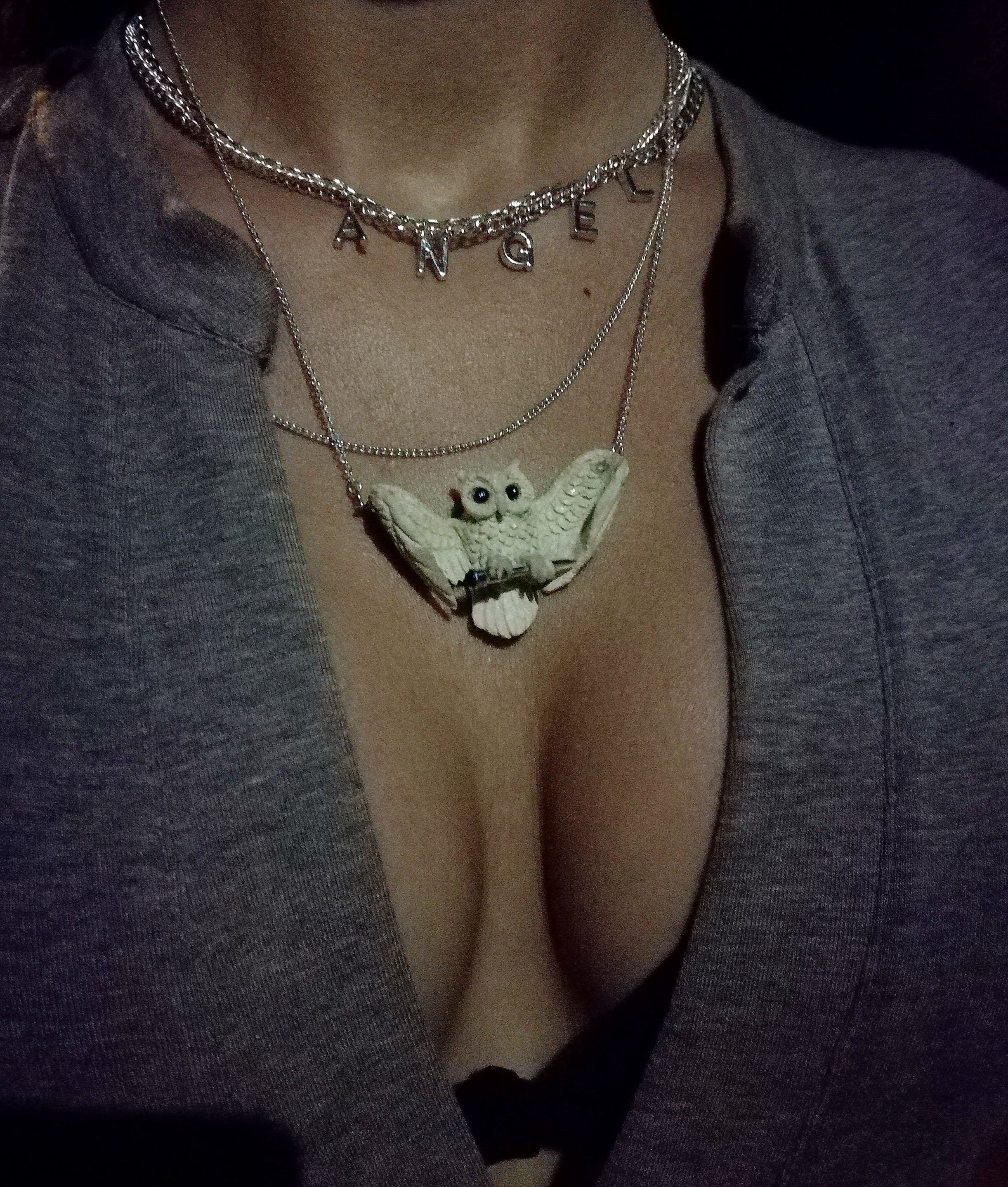 ONLY ONE Owl And  Knife Amulet Pendant Carving Horn Eyes Red Garnet  Sterling Silver Necklace Handma