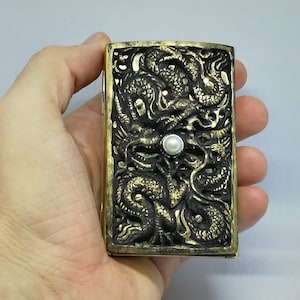 Cigarette Case Old Style Only One Ebonite Wood Dragon Carving White Pearls Sterling Silver Yellow Brass Jewelry  Silver Sun Style Handmade