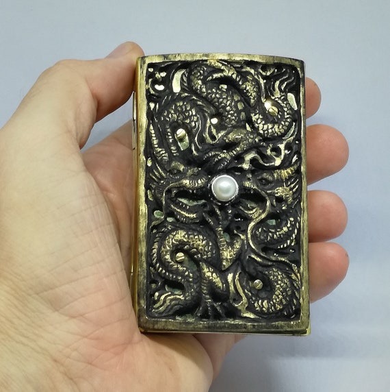 dragon cigarette case Cigarette Case Old Style Only One Ebonite Wood Dragon Carving White Pearls  Sterling Silver Yellow Brass Jewelry Silver Sun Style Handmade
