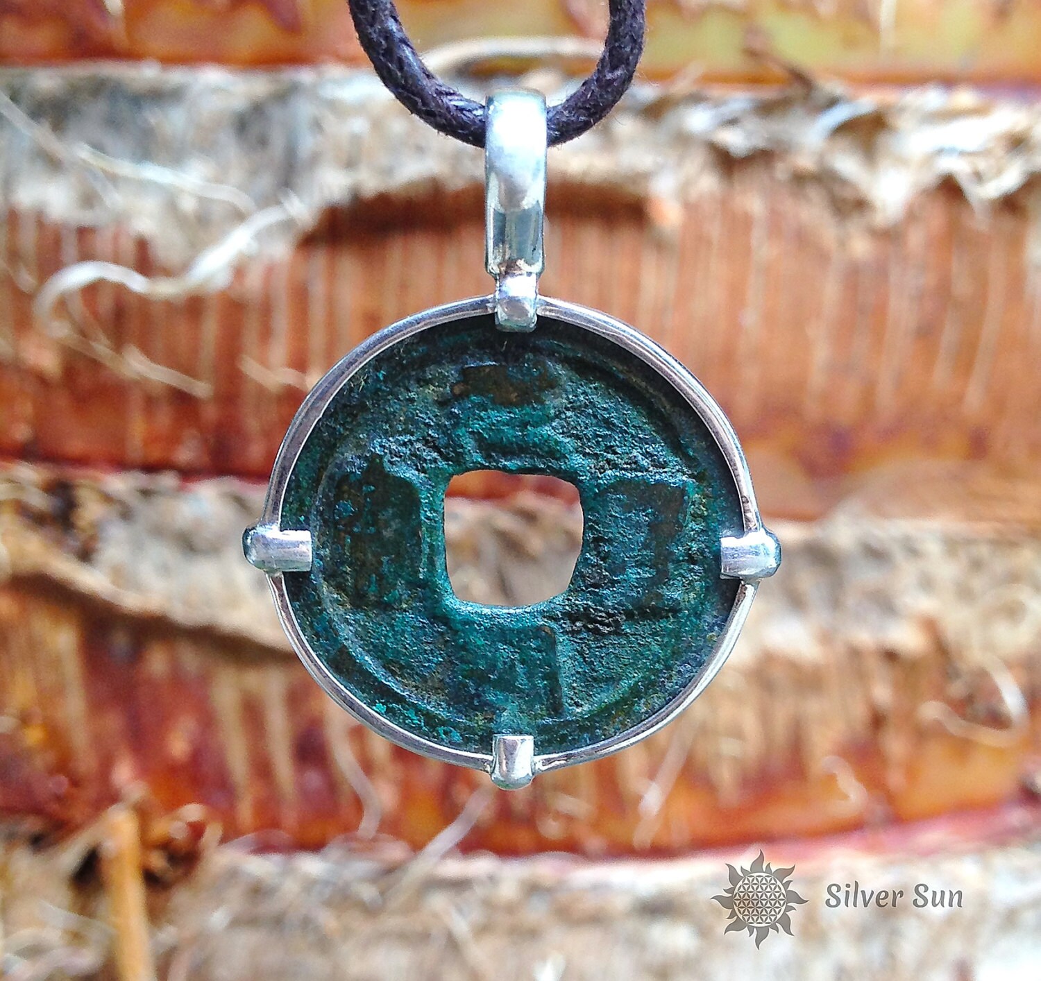 Pendant Ancient Chinese Coin Age About 1000 Years Diameter 26 mm Frame is Sterling Silver Necklace Brown Cotton Cord Jewelry Handmade
