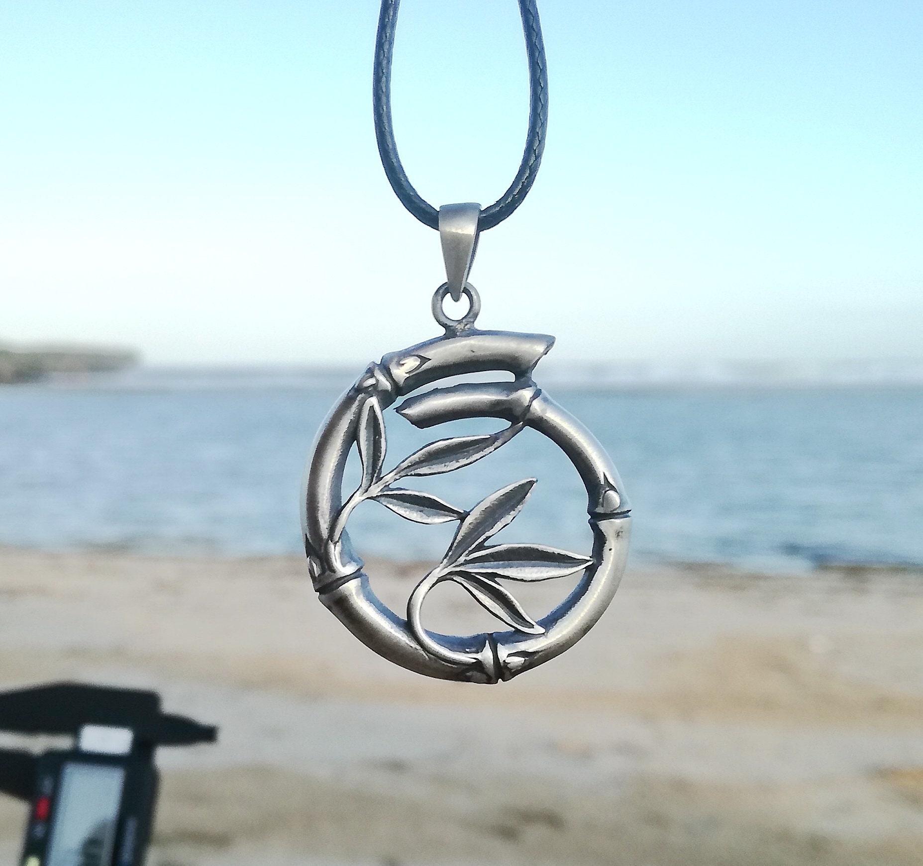 Bamboo Universal Pendant Bracelet Keychain Sterling Silver Necklace Black Nylon Cord Silver Sun Style Jewelry Handmade From  Bali