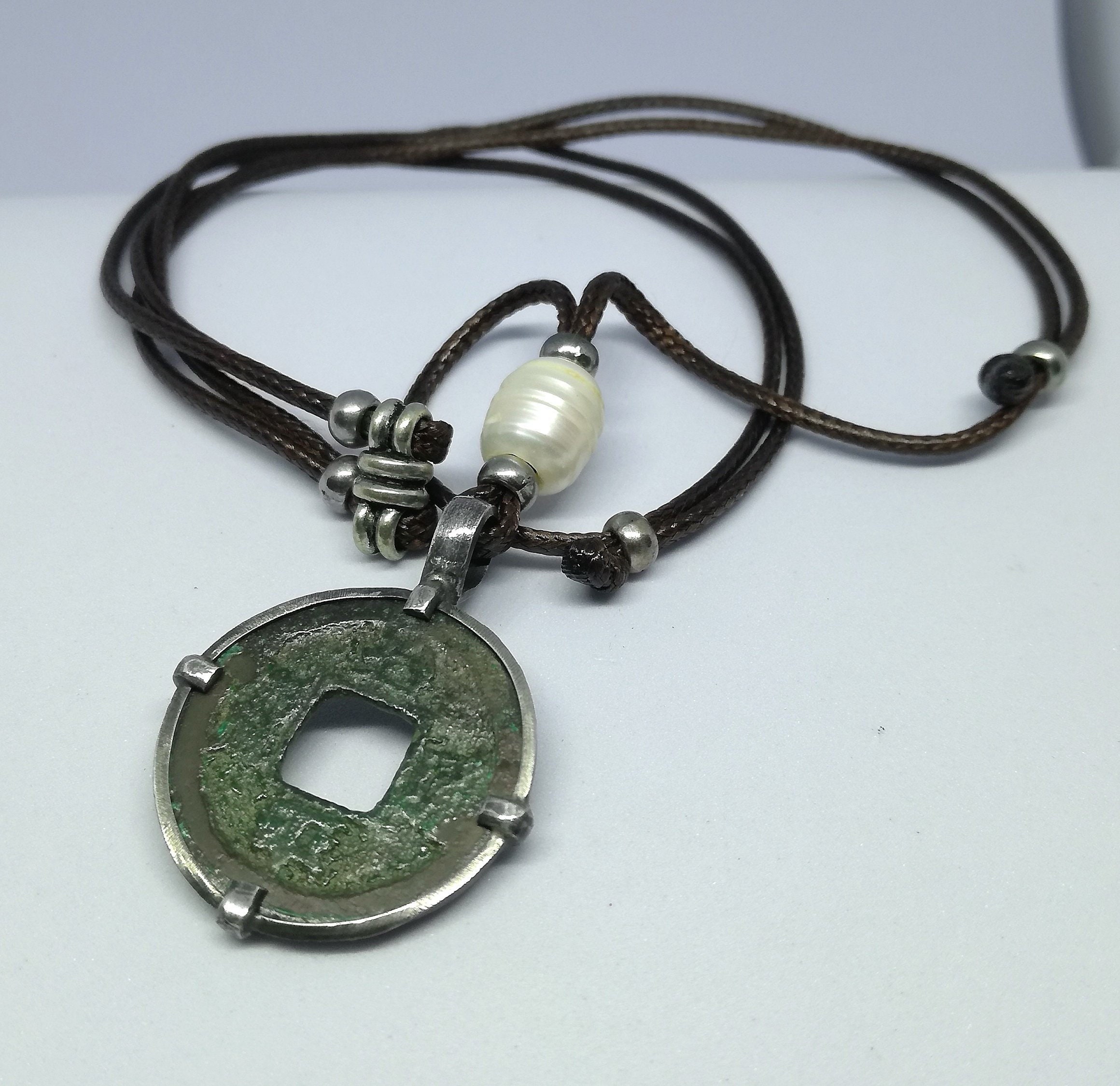 ONLY ONE Frame Sterling Silver Ancient Chinese Coin About 1000 years White Pearl Necklace Pendant Silver Sun Style Jewelry Design Handmade