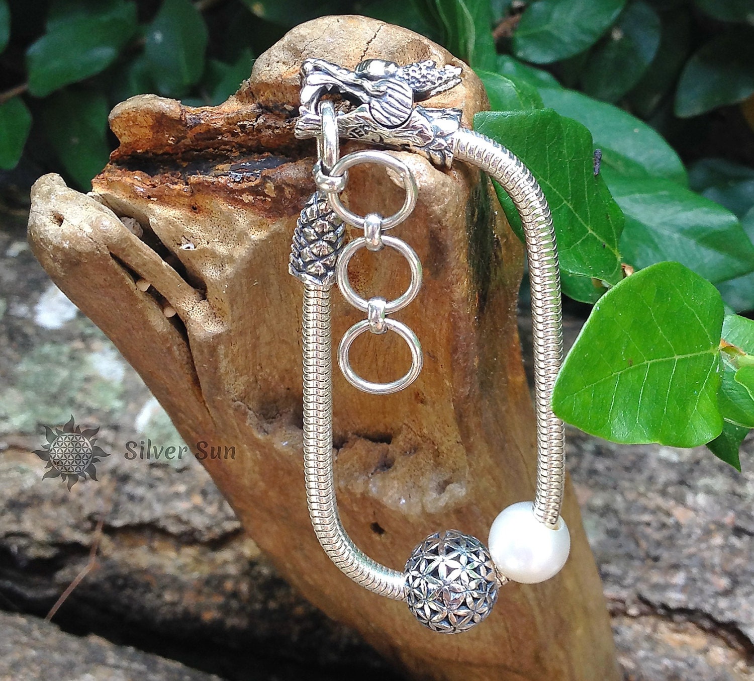 Dragon Bracelet Sterling Silver Chain Ball Flower of Life