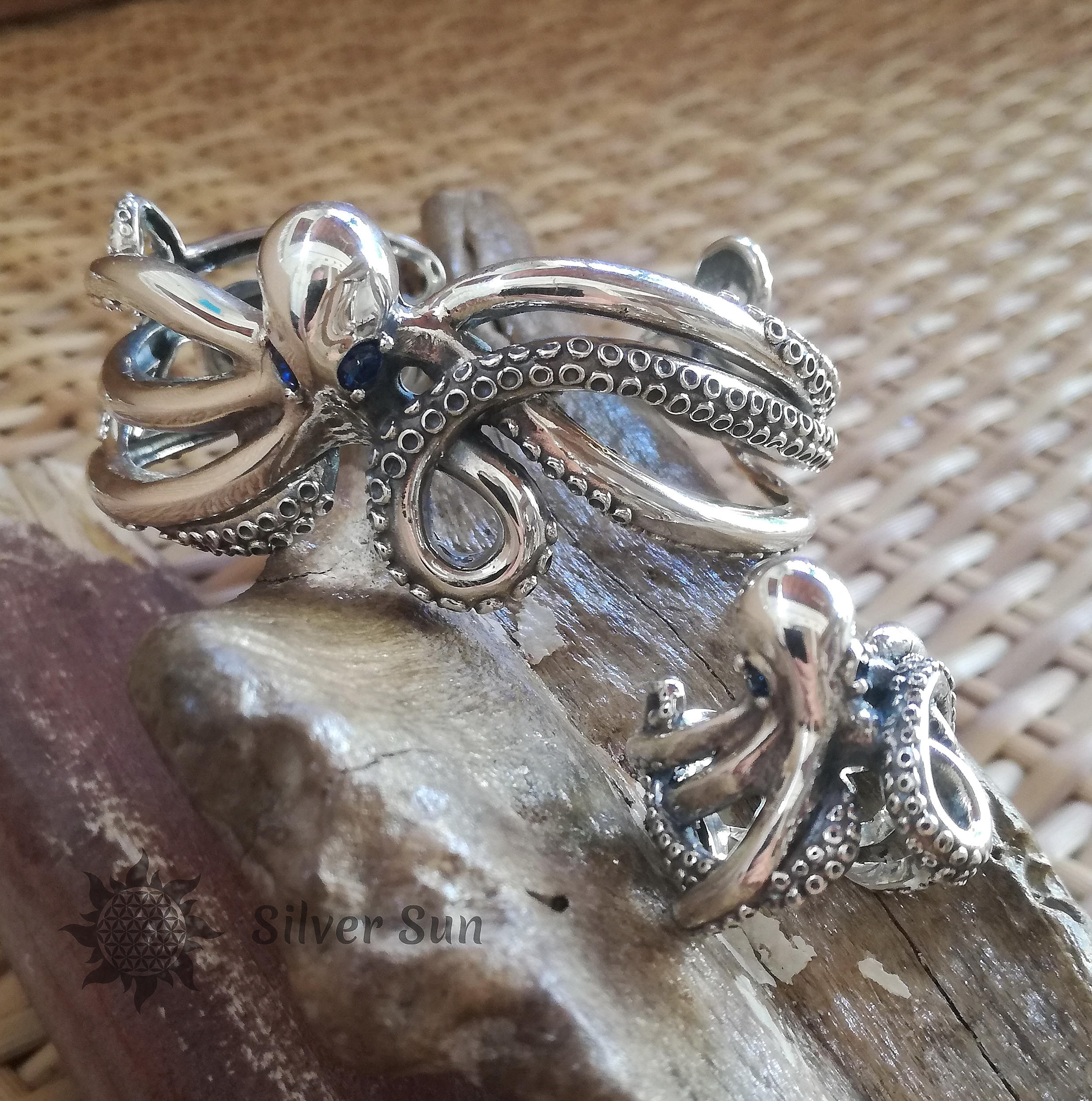 Octopus Bracelet Bangle Sterling Silver Eyes of Any Color Etsy