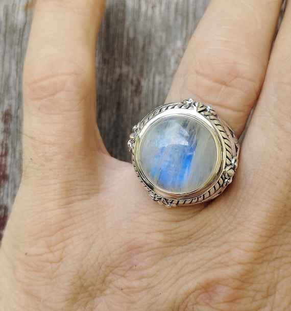 ONLY ONE Rainbow Moonstone Ring Sterling Silver Sacred Geometry Merkaba Flower of Life Ohm Jewelry Design Silver Sun Old Style Handmade Bali