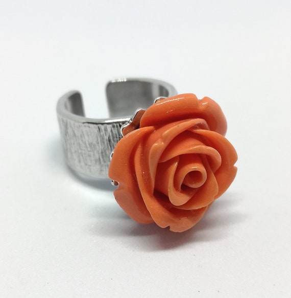 Red Coral Rose Free Size Ring Sterling Silver Jewelry Design