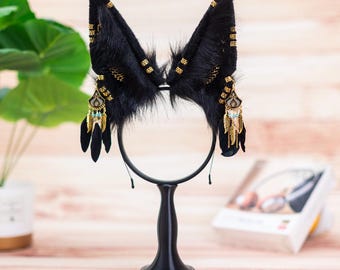 Handmade Faux Fur Anubis Jackal Wolf Ears and Tail Set | Adjustable Hairband | Cosplay Fursuit Accessories for Conventions, LARP