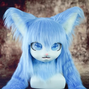 Winter Snow-Elf Blue Kigurumi Full-Cover Mask, Furry Fursuit Head Cosplay Mask, Fantasy Animal Mask for Costume and Furry Convention