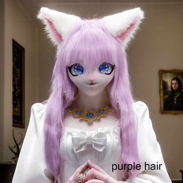 Cat cosplay mask,furry fursuit head, cut mask,furry mask,long purple hair fursuit head kig fursuit furry art cosplay kiger mask funny