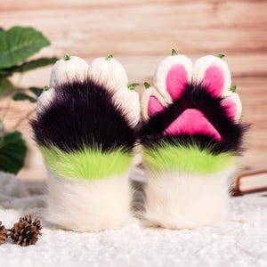 White 4 Finger Black &Green Furry Paw with Pink Pads and Green Claws | Furry Animal Paws for Halloween | puppy cat wolf cosplay hand paws