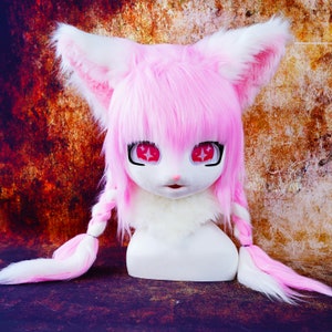 Pink Bombing Star Eyed Kitty Fursona Kig Maske Kopf, Cosplay Furrysuit Maske, pelzige Fursona Maske, Custom FurSuit Kopf