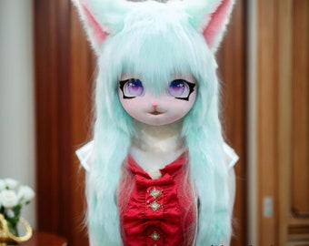 Furry Fursona Cat Mask,Long Hair Kigurumi  cat mask,lamb fursuit head, cosplay  cut mask,fursuit head kig fursuit furry cosplay kiger mask