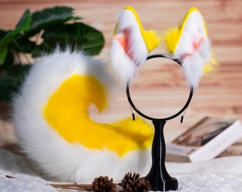 Enchanting Yellow and White Ears&Tail Set | Cosplay Costume Accessories | Animal Themed Parties Halloween Dress | Fox Puppy Ears Headband