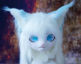 Máscara de Kig azul elfo, gato crema, cabeza de gato Kig, máscara de gato Kig, juego de mascotas, máscara de cosplay, máscara peluda, cabeza de traje de piel personalizada, convención peluda, máscara de animal