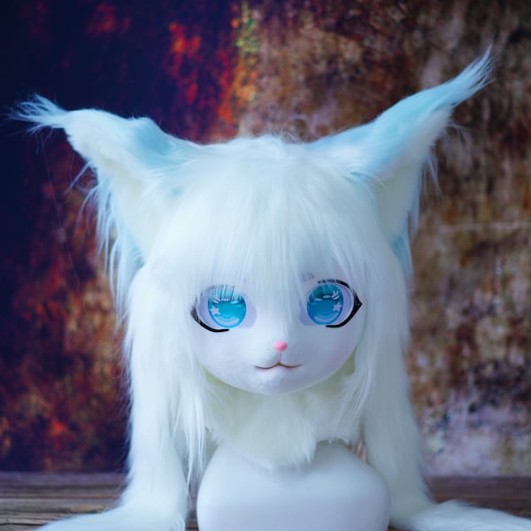 Masque Kig bleu elfe, chat crème, tête de chat Kig, masque de chat Kig, jeu d'animal de compagnie, masque de cosplay, masque à fourrure, tête de costume de fourrure personnalisée, convention à fourrure, masque animal