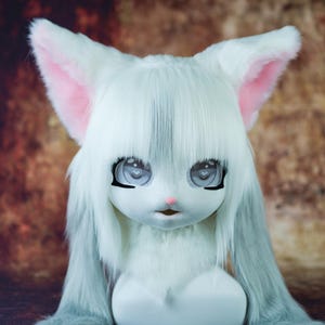 White&Grey Cat Kigurumi Full-Cover Mask | Cute Fursuit Head Costume Accessories for Themed Event Kemono Cosplay Furry Convention