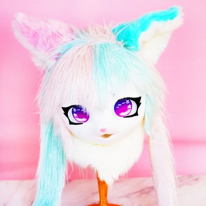 Kigurumi Full-Cover Maske, pelzige rosa, orange und blaue Haare, süße Pelzmaske, Fursuit Maskenkopf, Katzenkemono-Maske, personalisierbare süße Cosplay-Maske