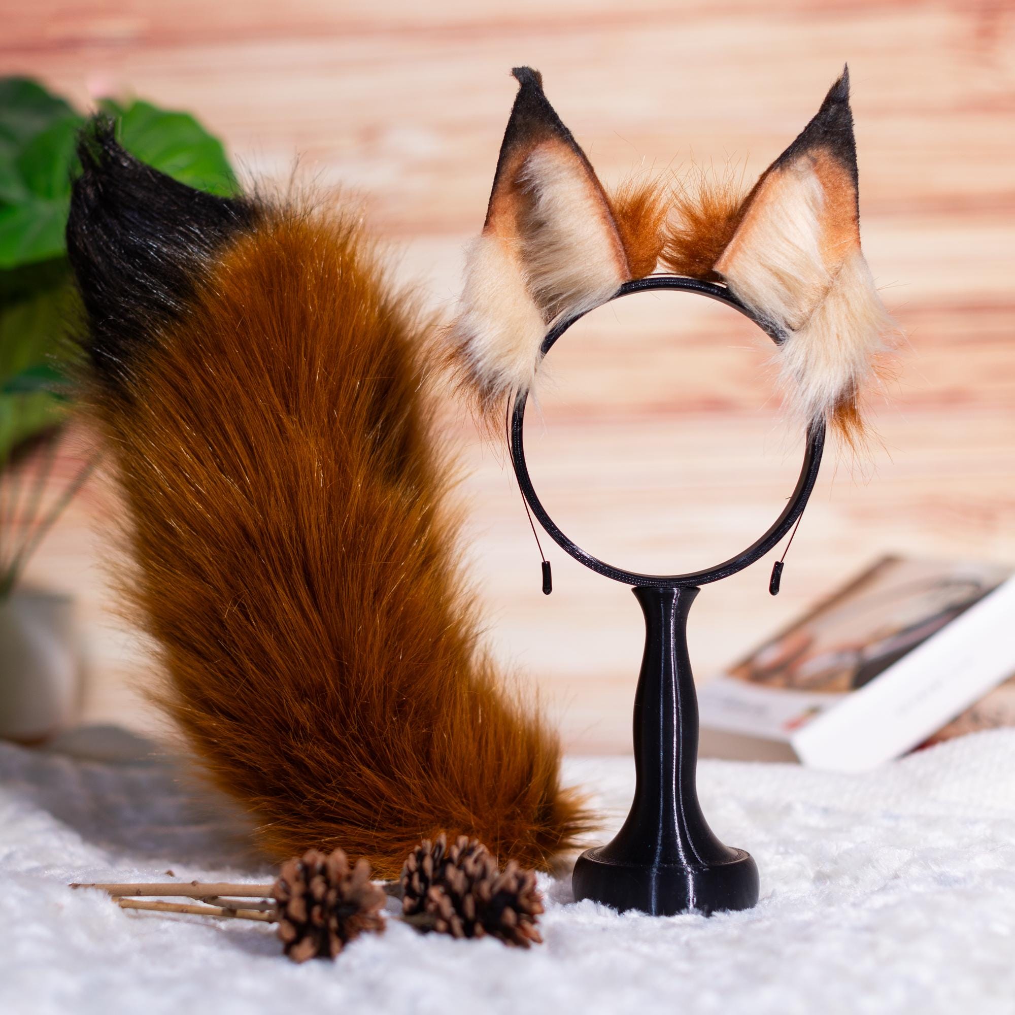 Charming Brown and Orange Ears&Tail Set | Cute Cosplay Costume Accessories | Animal Themed Parties Halloween Dress | Fox Puppy Ears Headband