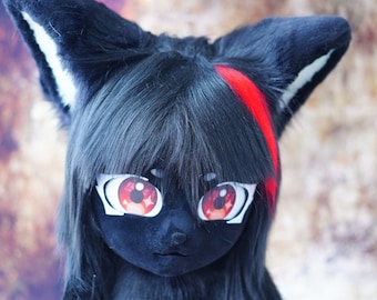 Black with red wigs cat Kig head,cosplay for furry punny bunny ACG party&event, pet play, kigurumi mask head custom