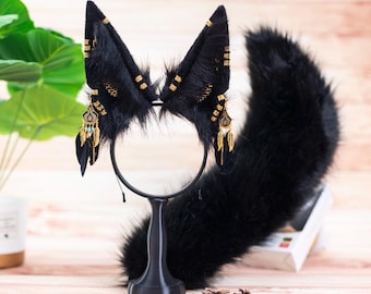 Realistic Anubis Ears and Tail | Faux Fur Fursuit Parts for Anime Conventions | Handcrafted Cosplay Accessories