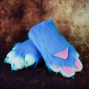 Tropical blue and White 4 Finger Furry Paws-Realistic Furry Cosplay Animal Gloves Paws for Cosplay and Costume Party Halloween