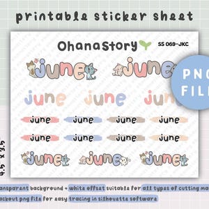 May include: A printable sticker sheet featuring the word "June" in various styles and colors, with cute cat illustrations. The sheet measures 4.5" x 3.5" and includes a PNG file option.
