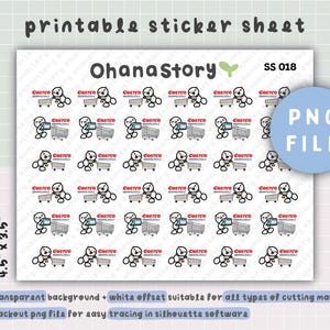 May include: Printable sticker sheet featuring a repeating pattern of cartoon characters pushing Costco shopping carts. The sheet includes the text "OhanaStory" and "SS 018". The stickers are 4.5" x 3.5" and are a PNG file.