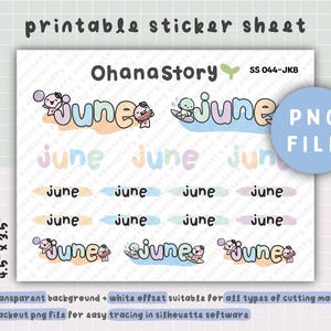 May include: A printable sticker sheet featuring the word "June" in various pastel colors and fonts. The sheet includes the text "OhanaStory" and "PNG FILE". The sticker sheet measures 4.5" x 3.5".