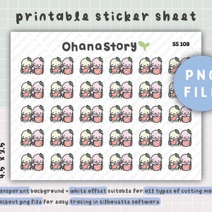 Op de afbeelding: Printbare sticker vellen met paren van cartoonfiguren in roze, crème en rood, elk met een bladaccent. Het vel meet 11,4 cm x 8,9 cm. De tekst "Ohana Story" en "PNG FILE" zijn ook zichtbaar.