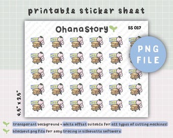 May include: Printable sticker sheet featuring a repeating pattern of small cartoon characters pushing boxes labeled "IKEA". The sheet includes the text "OhanaStory" and "SS 017". The dimensions are 4.5" x 3.5". A blue circle reads "PNG FILE".