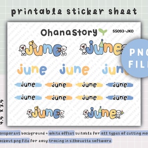 May include: Printable sticker sheet featuring the word "June" in various designs and colors, including blue, yellow, and orange. The sheet includes the text "OhanaStory" and "PNG FILE". The sticker sheet measures 4.5" x 3.5".