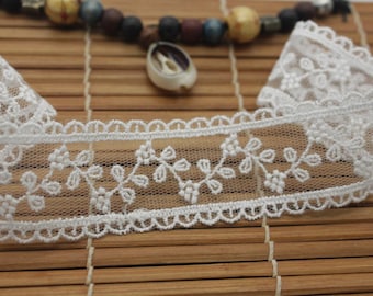 White Floral Embroidered Cotton Lace Ribbon - 1 1/4 Inch Wide, priced by the yard
