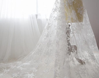 White Embroidered Bridal Lace Fabric - Corded Lace for Wedding Dress