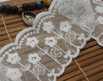 Embroidered White Cotton Lace Ribbon: Floral Scalloped Edge, 2 1/4 inches wide, priced by yard