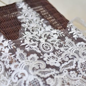 Bridal lace trim with sequins, white bridal lace trim for wedding dress, white lace trim, bridal lace for dress, alencon lace trim