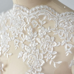 Bridal lace trim with sequins, white bridal lace trim for wedding dress, white lace trim, bridal lace for dress, alencon lace trim