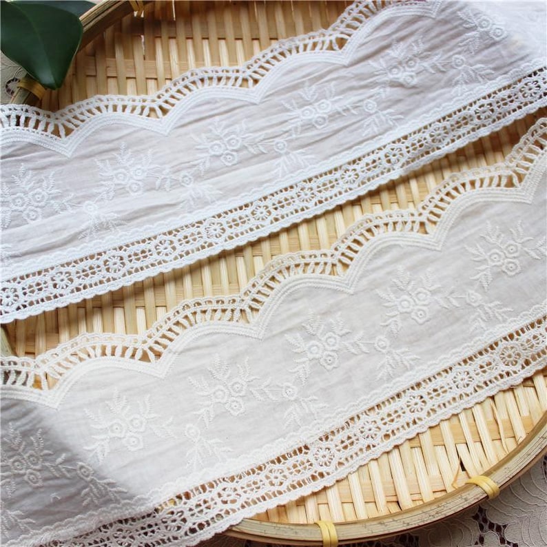 Scalloped Cotton Lace Trim: White Broderie Anglaise Sewing Embellishment, 4 inches wide, priced by the yard image 3