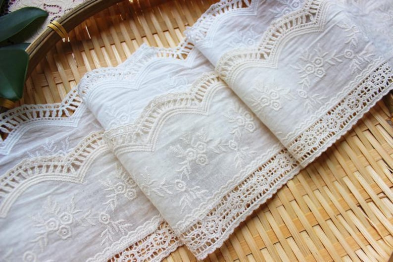Scalloped Cotton Lace Trim: White Broderie Anglaise Sewing Embellishment, 4 inches wide, priced by the yard image 7