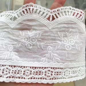 Scalloped Cotton Lace Trim: White Broderie Anglaise Sewing Embellishment, 4 inches wide, priced by the yard Off white