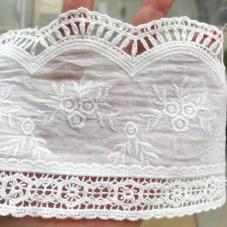 Scalloped Cotton Lace Trim: White Broderie Anglaise Sewing Embellishment, 4 inches wide, priced by the yard Off white